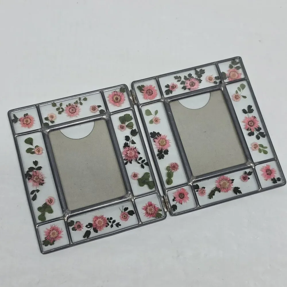 Pressed Flowers Metal Stained Glass Foldable Double Picture Frame By Malden